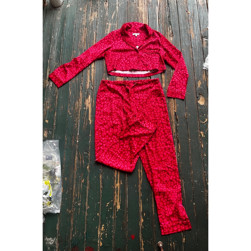 Good American Pink Red Leopard Print Pajama Set‎ Cropped Top Wide Leg Pants 1
